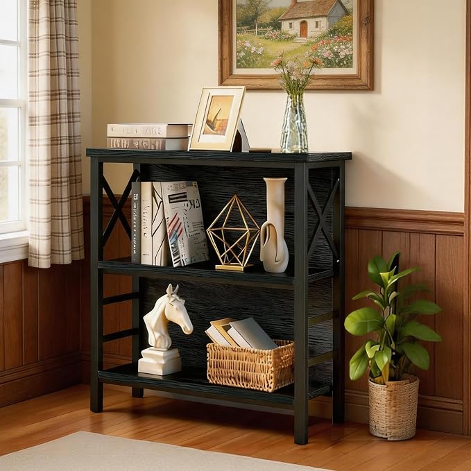 MNEETRUNG Book Shelf, Small 3-Tier Industrial Bookshelf with Strong Metal Frame & Backboard, 29.5" Short Bookcase for Small Spaces, Living Room, Bedroom and Home Office, Black