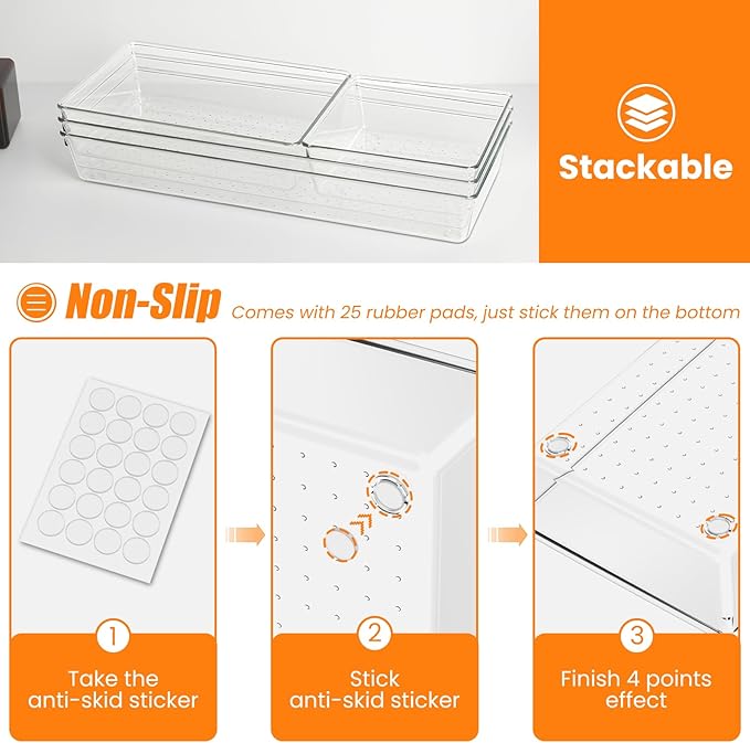 Criusia 22 Pcs Drawer Organizer Bins, Acrylic Non Slip Kitchen Drawer Organizers Storage Tray Divider, Multifunctional Storage for Cosmetics, Bathroom, Tools, Kitchen and Office