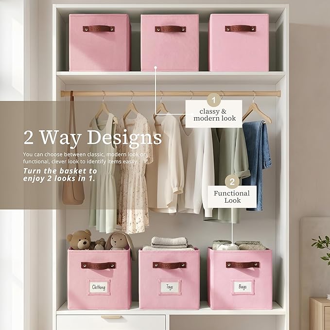 DECOMOMO Storage Bins, Cube Storage Bin with Labels | 10.5" x 11" Fabric Storage Cubes for Shelves (6pcs, Pink)