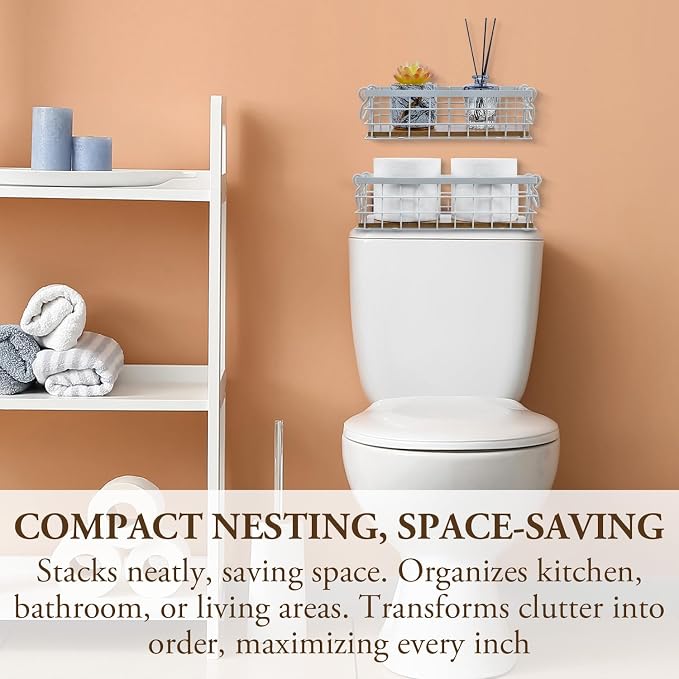MyGift 13 and 12 Inch Nesting Storage Baskets with Handles, Wall Mounted or Tabletop White Metal Wire and Premium Acacia Wood Decorative Shelf Organizer Bins, 2 Piece Set