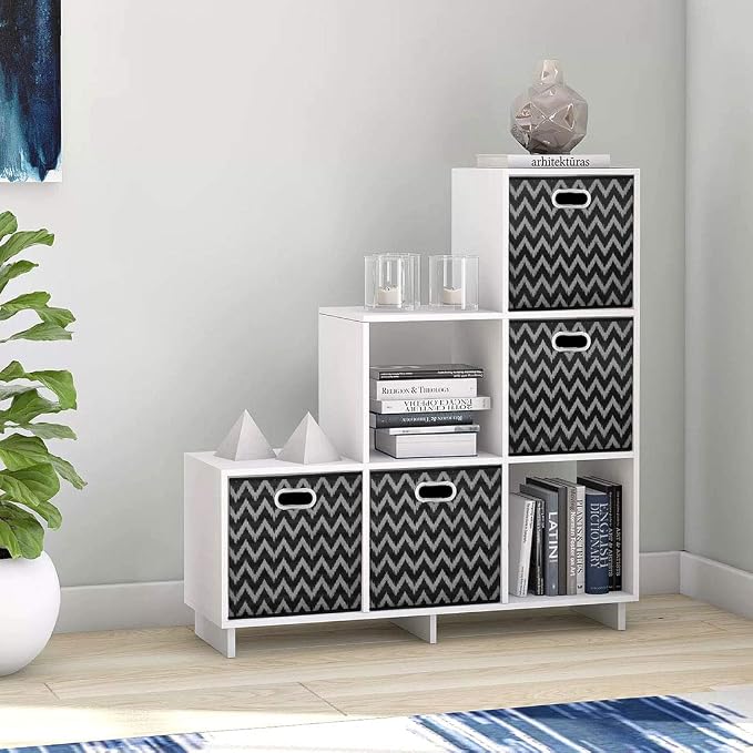 Cloth Storage Bins Set of 4 Thick Fabric Drawers Foldable Cubes Basket Organizer Container with Dual Metal Handles for Shelf Cabinet Bookcase Boxes Grey-Black 13x13x13 inch
