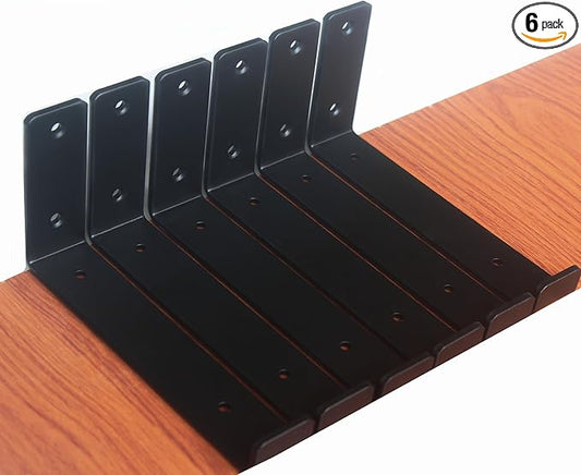 6 Pack - 7.25" L x 4" H x 1.5" W J Lip Shelf Brackets Rustic Farmhouse Iron Wall Floating Shelf Bracket Metal Shelf Bracket Industrial Shelf Supports with Screws Black