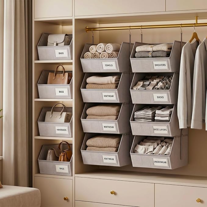 2 Pack 4-Tier Hanging Closet Organizer, Detachable Hanging Storage Shelves with Reinforced Side Panels, Hanging Closet Organizer for Clothes, Sweaters, Towels, Socks & Accessories, Gray