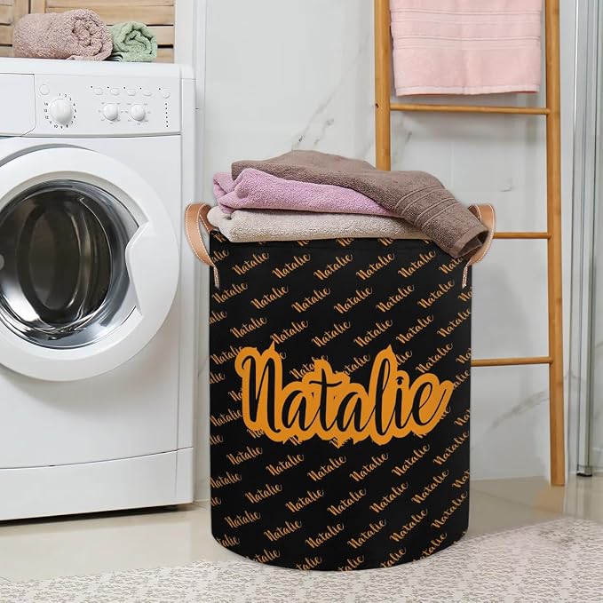 Personalized Laundry Basket, Custom Gift Laundry Hamper, Collapsible Nursery Waterproof Laundry Baskets, Dirty Clothes Toy Hamper with Handles Name Black Orange