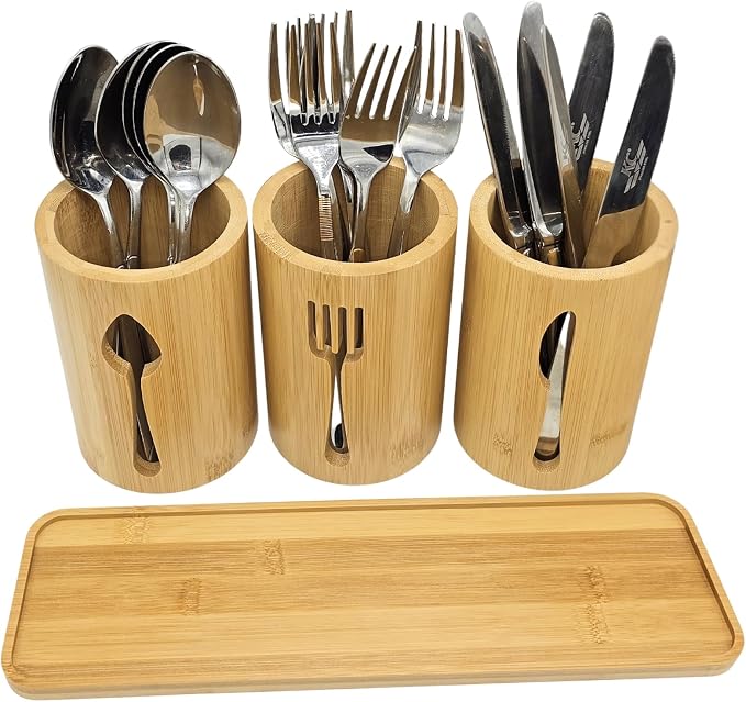 Bamboo Cutlery Holder Set - 3 Kitchen Utensils Holder Organiser with Bamboo Tray | Decorative Kitchen Countertop Stand | Knife, Fork and Spoon Holders