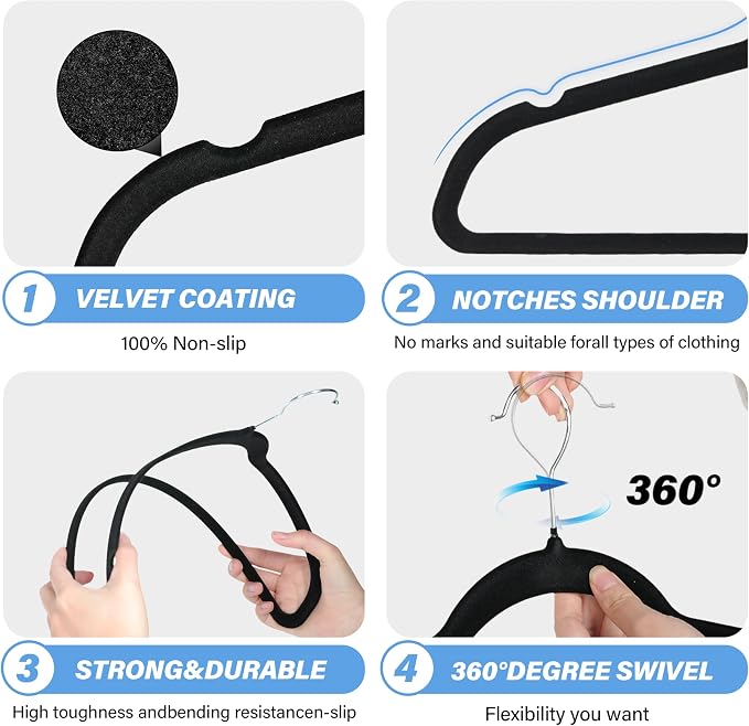 YSSOA Velvet Hangers 60 Pack, Non-Slip Clothes Hangers with Shoulder Notches, 360° Swivel Hooks, Heavy Duty Standard Hangers for Closet Space Saving, Black