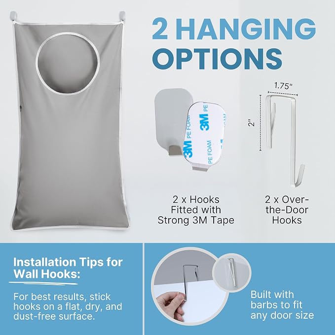 Hanging Laundry Hamper Bag XL 40x22", Space Saving over the Door Storage Bags, Behind the Door Hampers for Dirty Clothes & Wall Mounted Basket for Bathroom
