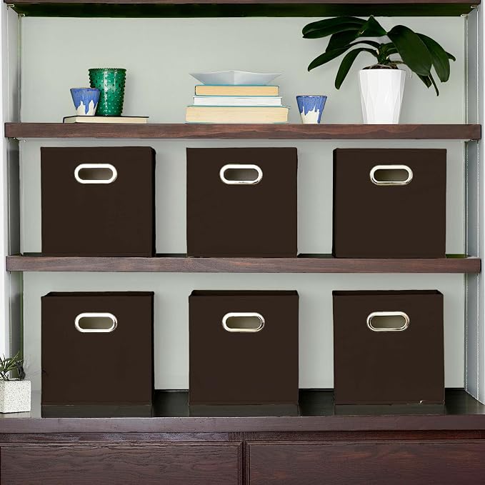Household Essentials Foldable Fabric Storage Cubes 6-Pack – 11x11x11 Stackable Non-Woven Bins with Chipboard Sides & Grommet Handles – Closet, Shelf, Nursery, or Office Organizer – Chocolate Brown