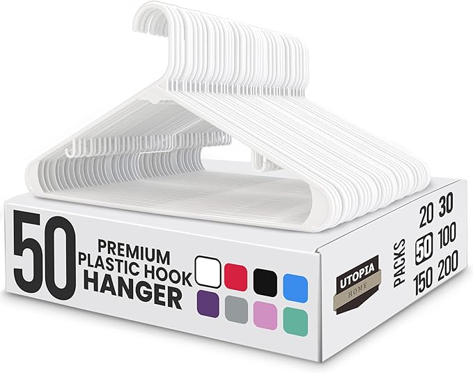Utopia Home Plastic Hangers 50 Pack – Built-in Strap Hooks White | Space saving | Durable & strong | Closet organizer | Clothes hangers | Ideal for shirts, pants, skirts & coats