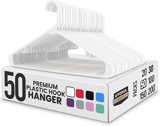 Utopia Home Plastic Hangers 50 Pack – Built-in Strap Hooks White | Space saving | Durable & strong | Closet organizer | Clothes hangers | Ideal for shirts, pants, skirts & coats