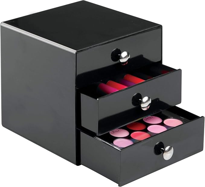 iDesign 35360 3-Drawer Plastic Vanity Organizer, Compact Storage Organization Set for Cosmetics, Dental Supplies, Hair Care, Bathroom, Dorm, Desk, Countertop, Office, 6.5" x 6.5" x 6.5", Black | BPA-Free Plastic