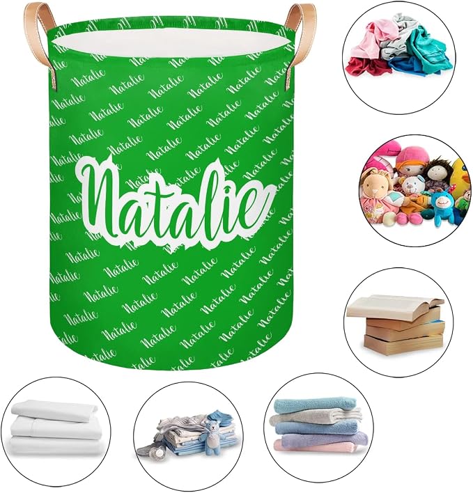 Personalized Laundry Basket, Custom Gift Laundry Hamper, Collapsible Nursery Waterproof Laundry Baskets, Dirty Clothes Toy Hamper with Handles Name Green