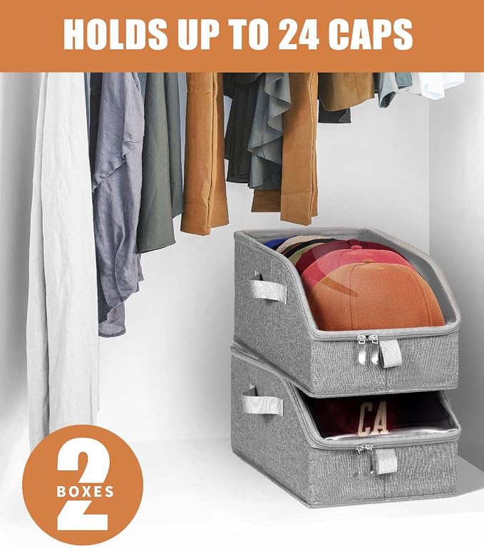 Livelab Hat Organizer for Baseball Caps, Hat Storage Holder Container for Closet Hold Up to 24 Caps with Clear Window, Hat Boxes for Home Storage | 2Pcs Grey