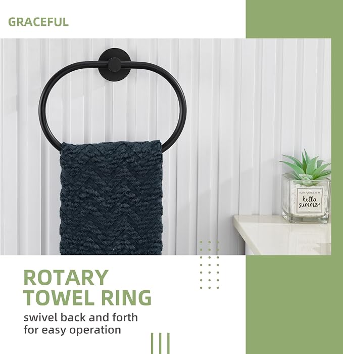 Bathroom Hardware Set 4-Piece Matte Black, Angle Simple Stainless Steel Bathroom Accessories with Towel Hook x 2, Toilet Paper Holder and Rotary Towel Ring, Wall Mount