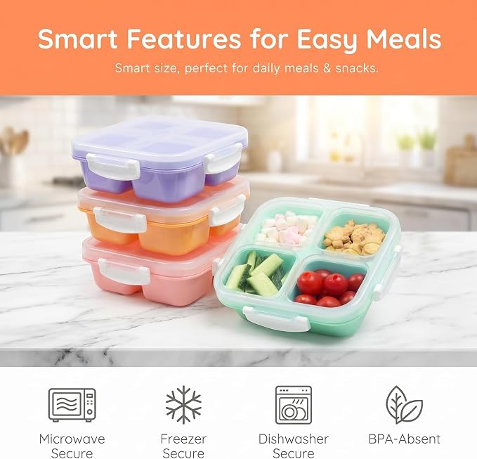 EONJOE 4-Pack Small Snackle Box With snap lock lid,Dishwasher Safe | 4-Compartment,BPA free,Food Grade PP5 Plastic, Airtight Lid,On-the-Go,