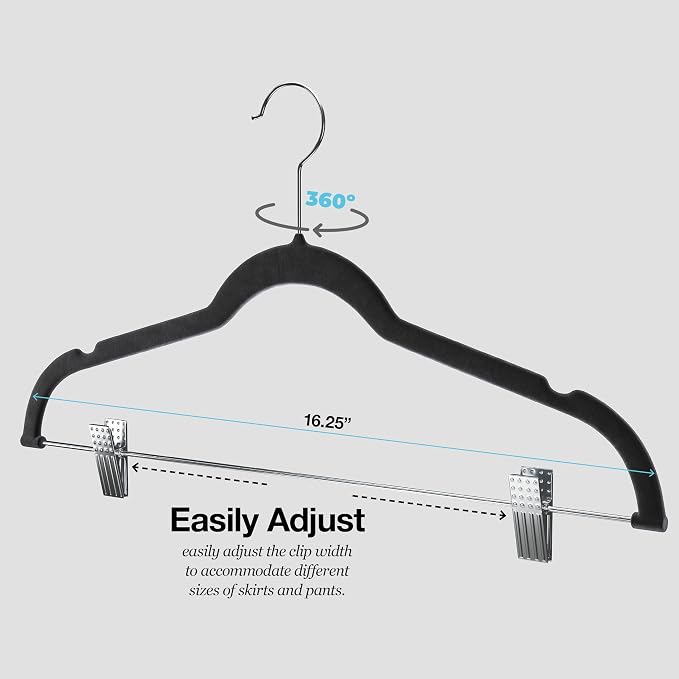 Home-it Pants Hangers With Clips 10 Pack - Black Velvet Non Slip Space-Saving for Pants, Skirts, Coats, Dresses, Tank Tops, Clothes - Felt Ultra Thin