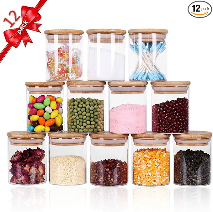 Tzerotone Glass Jars Set,Upgrade Spice Jars with Wood Airtight Lids and Labels, 6oz 12 Piece Small Food Storage Containers for Home Kitchen, Tea, Herbs, Sugar, Salt, Coffee, Flour, Herbs, Grains…