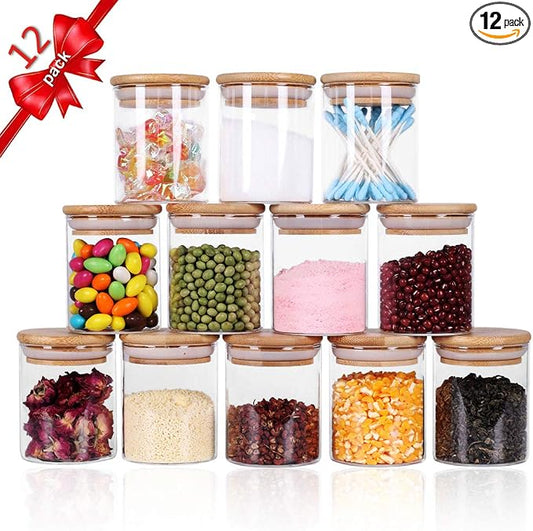 Tzerotone Glass Jars Set,Upgrade Spice Jars with Wood Airtight Lids and Labels, 6oz 12 Piece Small Food Storage Containers for Home Kitchen, Tea, Herbs, Sugar, Salt, Coffee, Flour, Herbs, Grains…