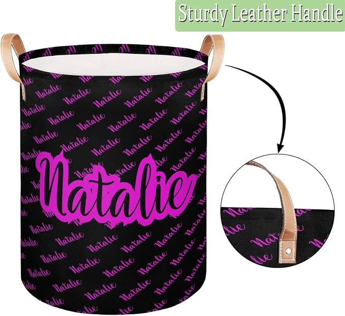 Personalized Laundry Basket, Custom Gift Laundry Hamper, Collapsible Nursery Waterproof Laundry Baskets, Dirty Clothes Toy Hamper with Handles Name Text Black Purple