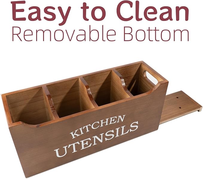 Kitchen Utensil Holder with Drainage Bottom, Extra Large 4 Compartments Solid Real Wood Utensil Organizer for Kitchen Counter, Farmhouse Cooking Tools Storage for Countertop, Brown