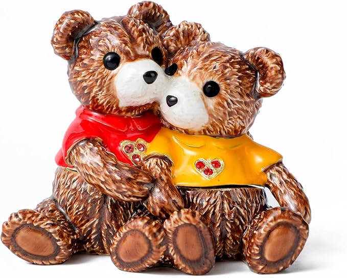 Hand Painted Trinket Box Enamel Vintage Jewelry Box Teddy Bear Gift Hinged Metal Jewelry Organizer Decorative Treasure Box Unique Valentine's Day Gifts Couple Bear B