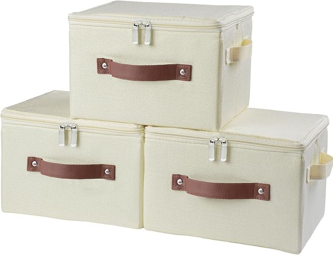 3 Pack Storage Bins with Zipper Lid Fabric Lidded Storage Boxes Baskets Cubes Washable Collapsible PU Leather Handle Cotton Linen Fabric Shelf Closet Organizer Container(Beige, Small Size)