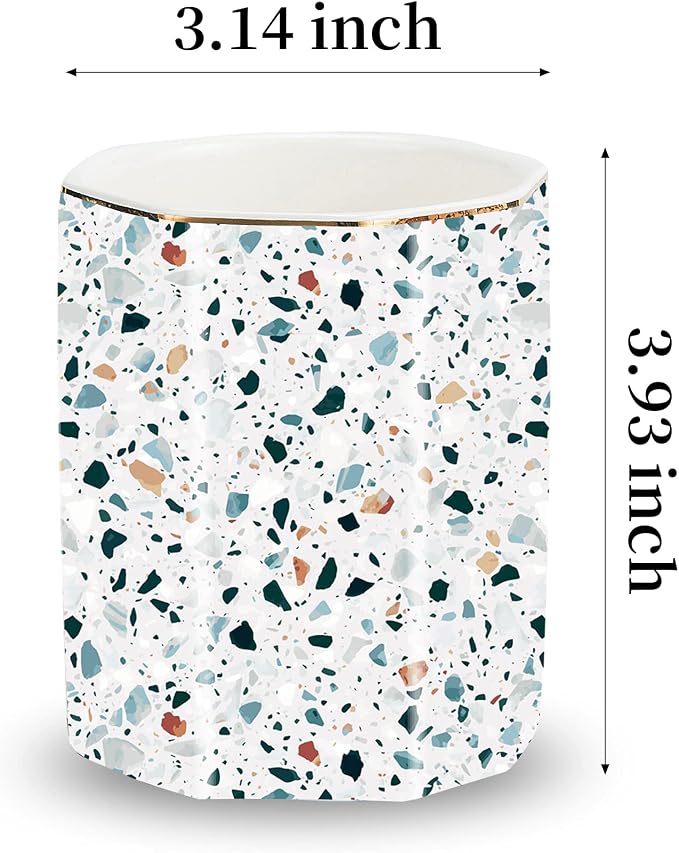 Pen Holder, Makeup Brush Holder Ceramic Shiny Gold Terrazzo Marble Stone Pattern Pencil Cup for Girls Kids Women Durable Stand Desk Organizer Storage Gift for Office, Classroom, Home Light Blue