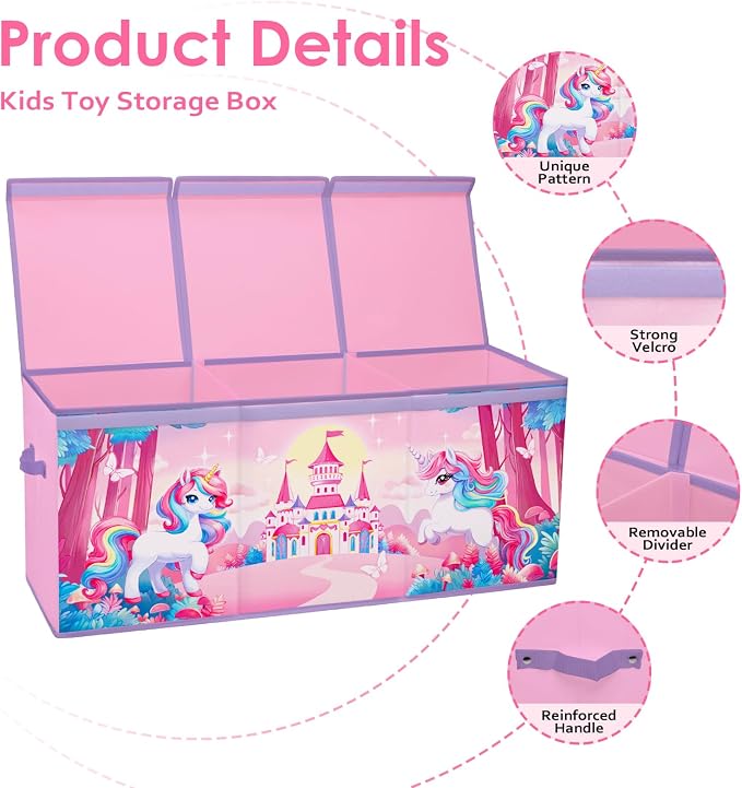 Large Toy Box Chest Organizer with Flip Lid for Kids, Collapsible Oxford Toy Storage Box with Handles for Boys Girls, Sturdy Waterproof Storage Organizer for Bedroom Playroom Nursery, 37.7×12.5×15.7''