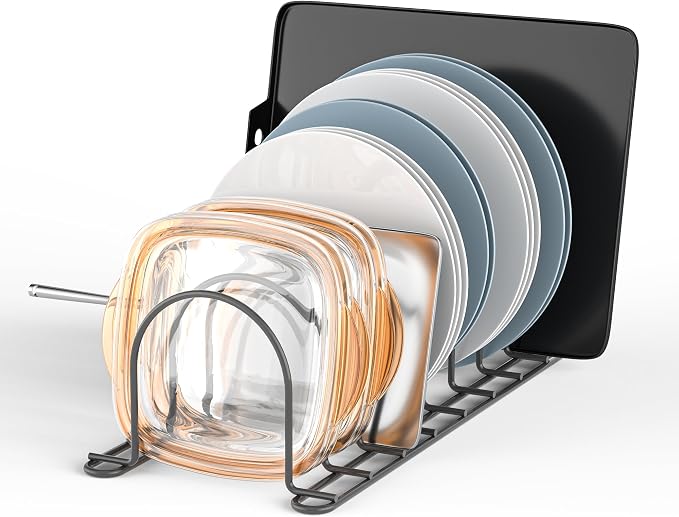 JAQ Plate Rack for Cabinet,13.5" Vertical Dish Organizer for Plates, Pot Lids, Cutting Boards & Baking Sheets, Metal Kitchen Cabinet Organizer (1-Pack, Black)