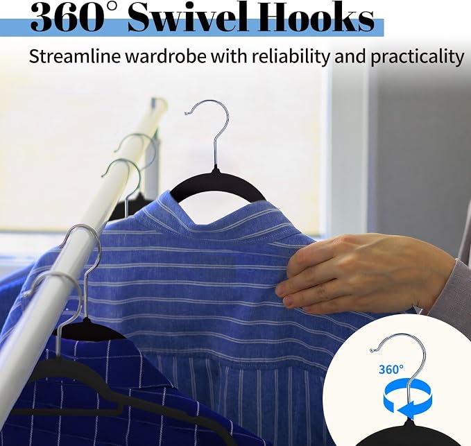 Smartor Black Velvet Hangers 60 Pack, Space Saving Clothes Hangers with Tie Bar, Non-Slip Felt Hanger with Shoulder Notches, Heavy Duty Suit Hanger for Coat, Shirt, Pants, Dress | Non-slip Felt, Shoulder Notches and 360° Hooks Keep Suits, Dresses and P...