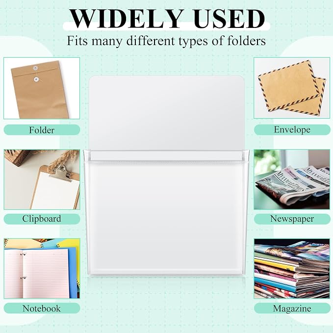 Henoyso 10 Pcs Magnetic File Holder Paper Holder Magnetic Pen Dry Erase Marker Organizer Fridge Pocket Organizer for Whiteboard Refrigerator, 12 x 9.5 in (White)
