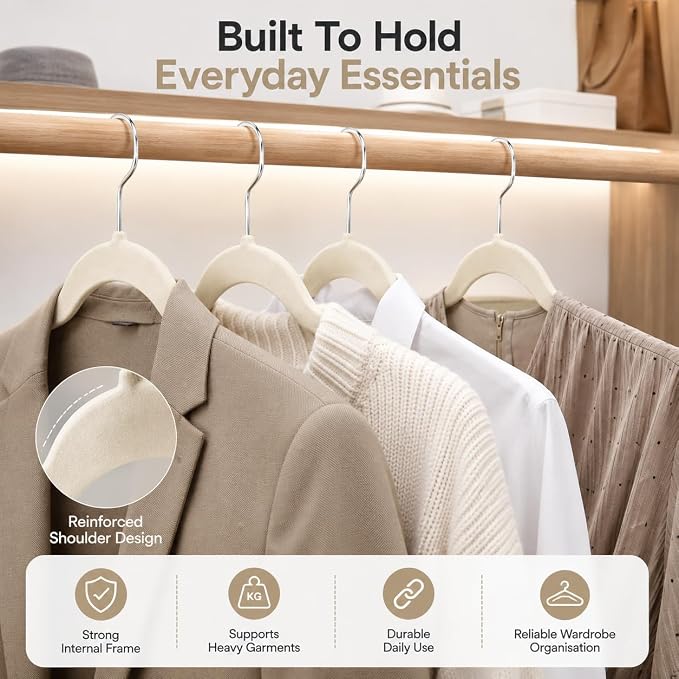 1ABOVE Premium Quality 20 Pack Non-Slip Velvet Hangers (44cm) Heavy Duty Velvet Suit Hangers with Tie Bar, 360° Swivel Hooks – Space Saving, Sturdy to Hold Jacket, Jumper & Pullover(Set of 20-Ivory)