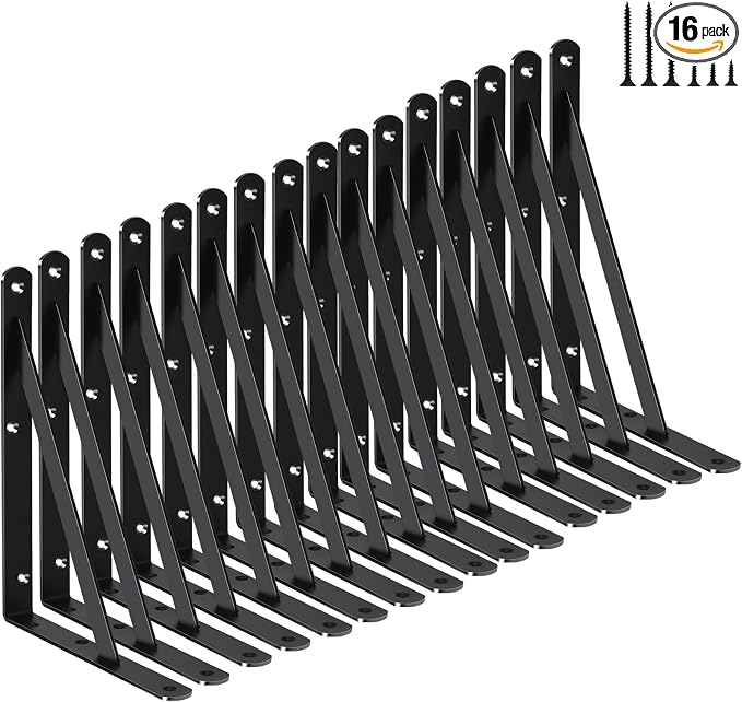 16 Pack L8 x H 6" Black Heavy Duty Shelf Brackets with Screws Metal Shelf Brackets Shelf Support Angle Brackets for Shelves L Brackets Heavy Duty Floating Shelf