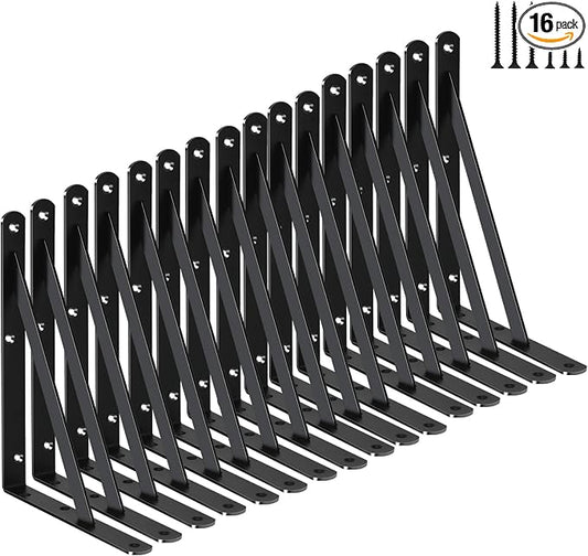 16 Pack L8 x H 6" Black Heavy Duty Shelf Brackets with Screws Metal Shelf Brackets Shelf Support Angle Brackets for Shelves L Brackets Heavy Duty Floating Shelf