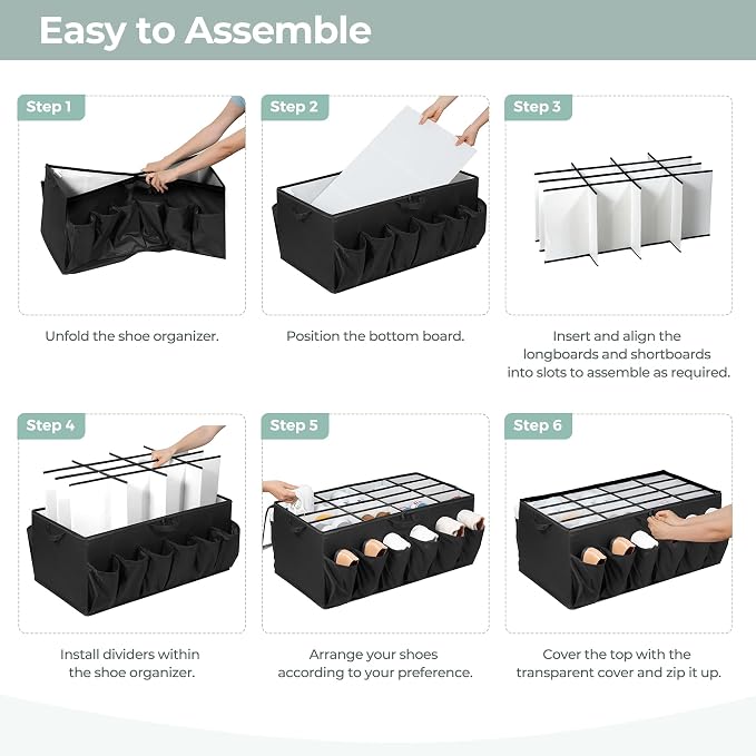 Extra Large Fabric Shoe Organizer for Closet, Fits up to 28 Pairs, Foldable Shoe Storage Bin Containers with Adjustable Dividers and Clear Cover, Black, 6 Pack