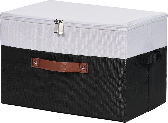 Storage Boxes with Zipper Lid Cotton Linen Fabric Lidded Storage Bins Baskets Foldable Washable Closet Shelf Clothes Organizer Container Faux Leather Handles (Black White, Large)