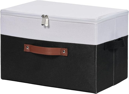 Storage Boxes with Zipper Lid Cotton Linen Fabric Lidded Storage Bins Baskets Foldable Washable Closet Shelf Clothes Organizer Container Faux Leather Handles (Black White, Large)