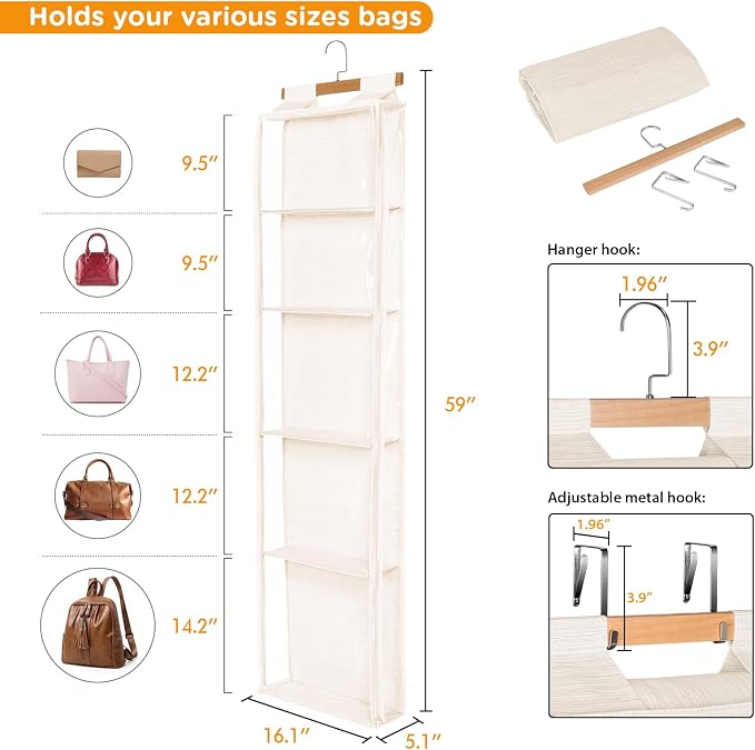 Syeeiex Hanging Handbag Purse Organizer with Zippers, 5 Mesh Shelves,Clear Slubbed Fabric+PVC Hanging Closet Bag Organizer, Dustproof Handbag Closet Tote Storage Bag for Door, Wardrobe, Beige