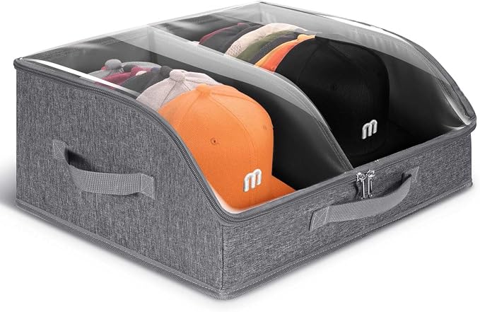 Hat Organizer for Baseball Caps, 2 Compartments Clear Window Hat Storage Box for Closet Hold Up to 24 Caps, Hats Holder Container with Sturdy Cardboard for Home Storage | Dark Gray