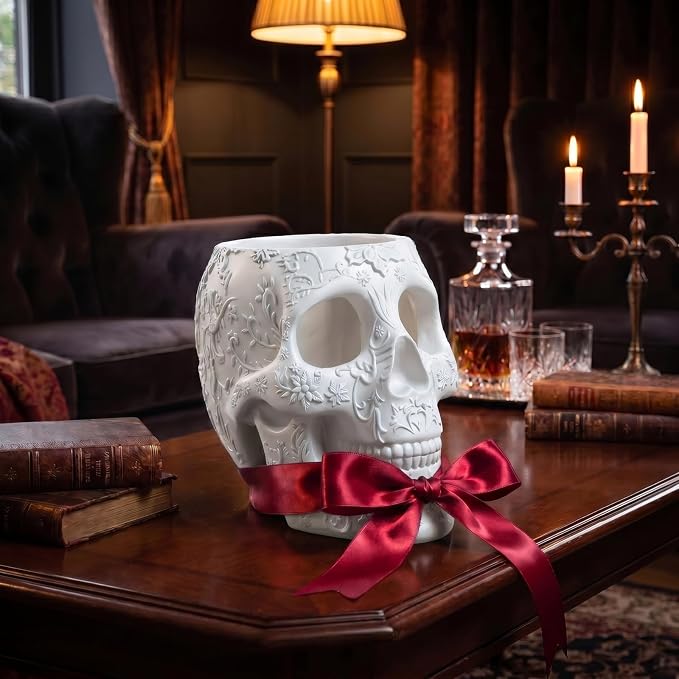 Skull Makeup Brush, Candy Bowl & Pen Holder, Bowl, Spooky Goth Decorations, Extra Large, Strong Resin, Skeleton Skulls and Bones Organizer Bathroom Trick Or Treat Decor by Gute (White)
