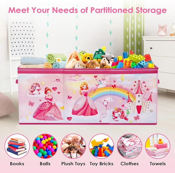 Large Toy Box Chest Organizer with Flip Lid for Kids, Collapsible Oxford Toy Storage Box with Handles for Boys Girls, Sturdy Waterproof Storage Organizer for Bedroom Playroom Nursery, 37.7×12.5×15.7''