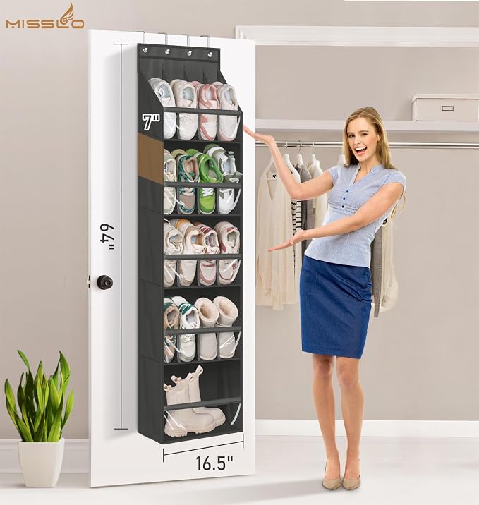 MISSLO 20 Pairs Over the Door Shoe Organizer for Closet Narrow Hanging Shoe Rack for Door Hanger Deep Pocket Door Shoe Holder Storage for Boots, Size 13 Sneakers, Black