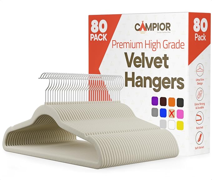 Ivory Velvet Hangers 80 Pack – 360° Swivel Hook, Non-Slip and Space Saving Hangers, Heavy-Duty 11 lbs Weight Capacity - Smooth Velvet Finish for Crease-Free Clothes and Effortless Closet Organization