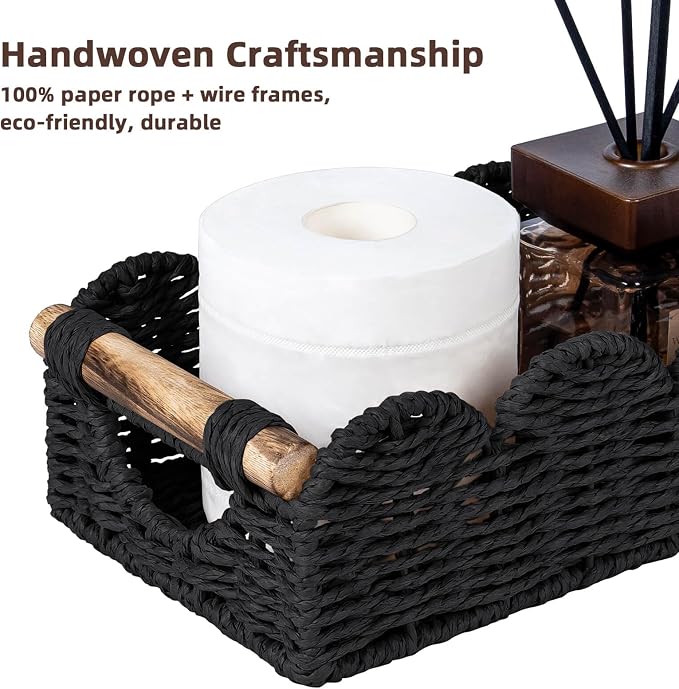 CubesLand Toilet Tank Paper Storage Basket Bathroom Counter Baskets for Organizing, Scalloped Decor Basket for Home, Living Room, Nursery, Wicker Bathroom Shelves Organization&Decorative Tray, Black