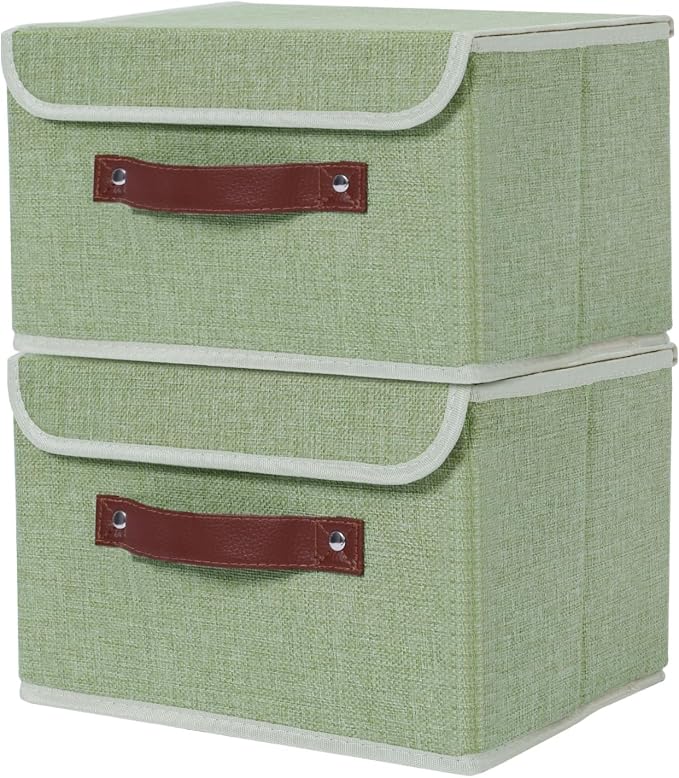 ANMINY 2PCS Storage Bin with Lid Storage Boxes with PU Leather Handles PP Plastic Board Decorative Foldable Lidded Cotton Linen Fabric Home Cubes Baskets Closet Organizer Container - Green, Medium