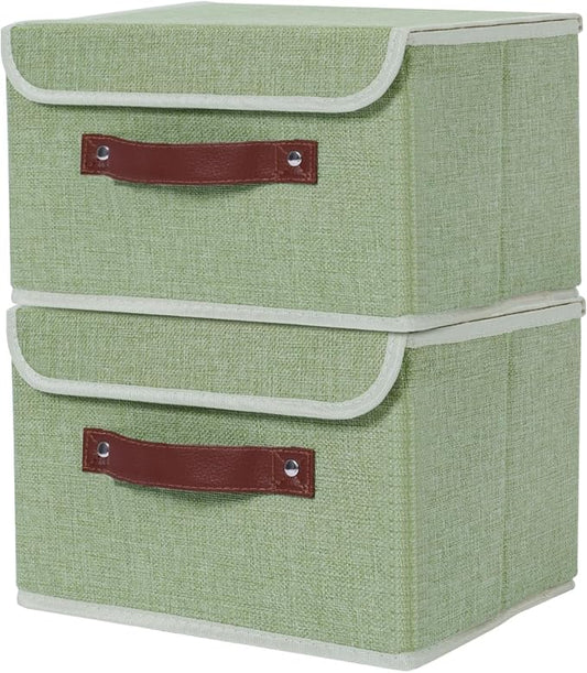 ANMINY 2PCS Storage Bin with Lid Storage Boxes with PU Leather Handles PP Plastic Board Decorative Foldable Lidded Cotton Linen Fabric Home Cubes Baskets Closet Organizer Container - Green, Medium