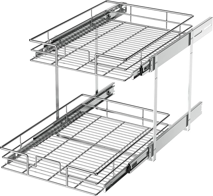 LOVMOR 2 Tier Individual Pull Out Cabinet Organizer 10½" W x 21½" D, Slide Out Kitchen Cabinet Storage Sliding Shelves