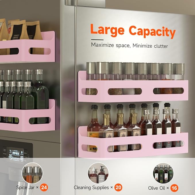 Sevenblue 4-Pack Magnetic Spice Rack for Refrigerator with Hooks, Pink | Strong multipurpose magnetic shelf for kitchen & bathroom organization. Includes 4 removable hooks for hanging items.