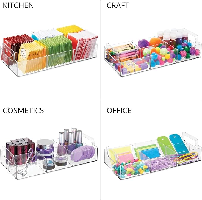 mDesign Compact Plastic Tea Storage Organizer Caddy Tote Bin - 6 Divided Sections, Built-in Handles - Holder for Tea Bags, Packets, Sweeteners and Small Packets - Lumiere Collection - Clear