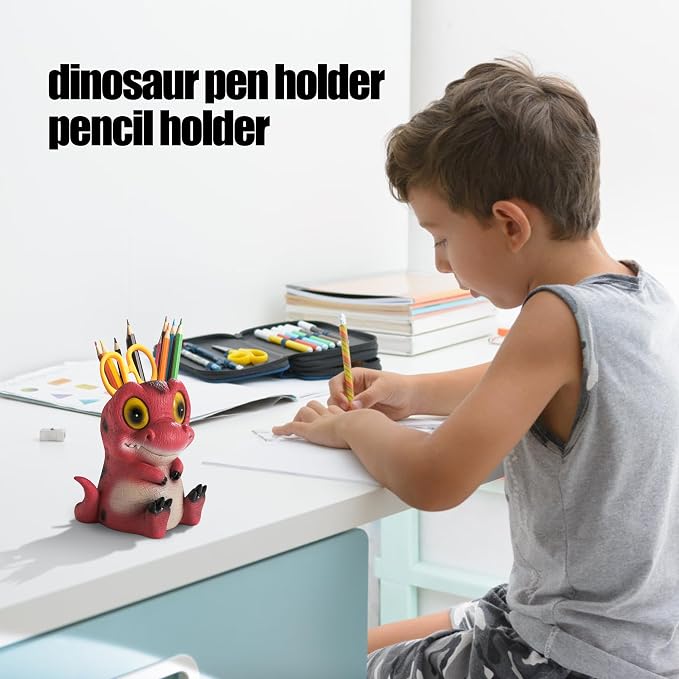 Dinosaur Pen Holder & Pencil Holder for Desk - Cute Cartoon Desk Accessories, Red Dino Toothbrush Holder, Office & School Supplies, Ideal Gifts for Adults, Kids, Women, Men